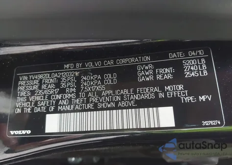 2010 Volvo Xc60 3.2 from USA, damaged, VIN YV4982DL0A2120321